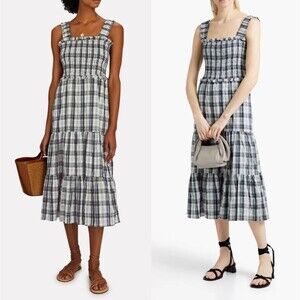 Veronica Beard Ziada Size Small Smocked Plaid Midi Dress Black White Tiered